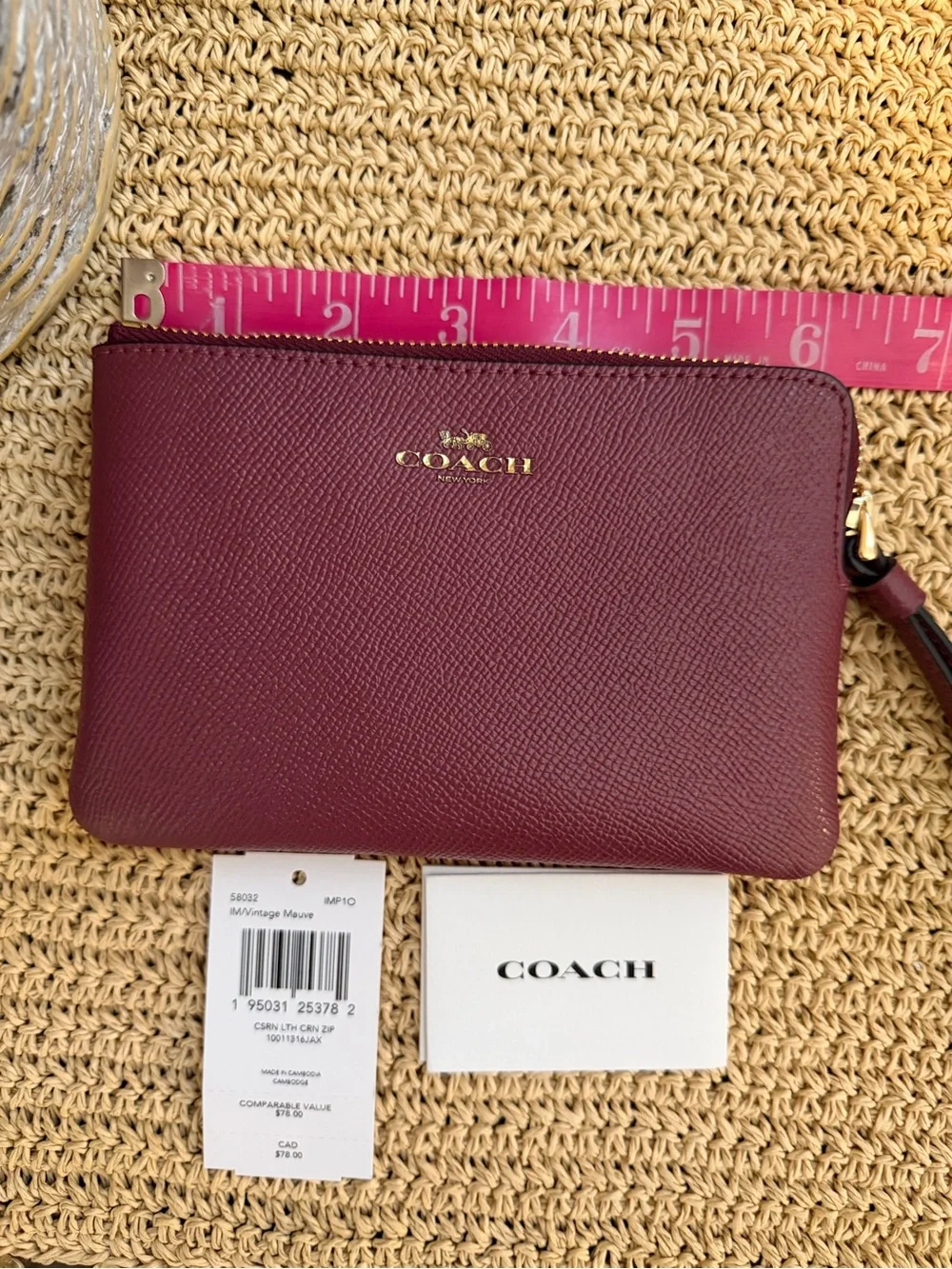 Coach Burgundy Zip Wristlet with Gold Logo